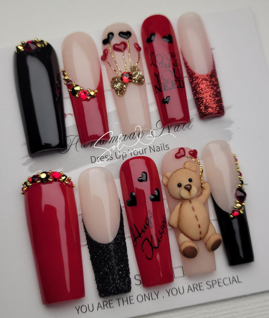 3D Bear Valentines Nails